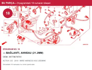 Honda ACTIVA Orijinal --- Bağlantı, ANNEAU (21.2MM) 38775K76T61 (2019) — 125cc (Türkiye)