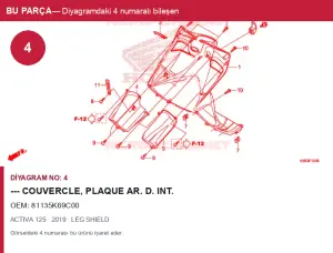Honda ACTIVA Orijinal --- COUVERCLE, PLAQUE Ar. D. Int. 81135K69C00 (2019) — 125cc (Türkiye)