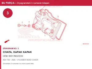 Honda ADV Orijinal Civata, Kapak Kapak 90017MGSD30 (2025) — CYLINDER HEAD COVER (Türkiye)