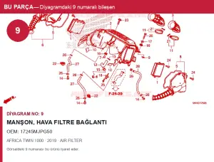 Honda AFRICA TWIN Orijinal Manşon, Hava Filtre Bağlantı 17245MJPG50 (2019) — AIR FILTER (Türkiye)