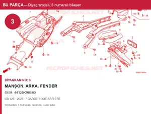 Honda CB Orijinal Manşon, Arka. FENDER 44125K98E00 (2025) — / GARDE BOUE ARRIERE (Türkiye)