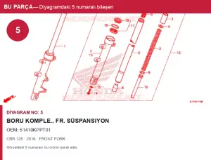 Honda CBR Orijinal Boru Komple., Fr. Süspansiyon 51410KPPT01 (2016) — FRONT FORK (Türkiye)