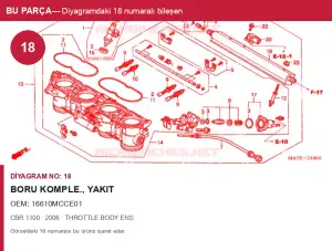 Honda CBR Orijinal Boru Komple., Yakıt 16610MCCE01 (2006) — THROTTLE BODY ENS (Türkiye)