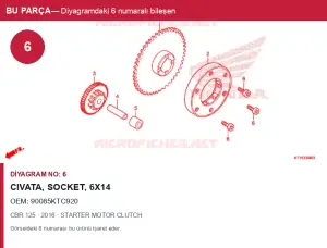 Honda CBR Orijinal Civata, SOCKET, 6X14 90085KTC920 (2016) — STARTER MOTOR CLUTCH (Türkiye)