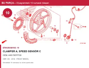 Honda CBR Orijinal CLAMPER A, Speed Sensör C 44817KPPT00 (2016) — FRONT WHEEL (Türkiye)