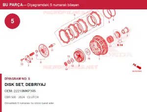 Honda CBR Orijinal Disk Set, Debriyaj 22210MKP305 (2024) — CLUTCH (Türkiye)