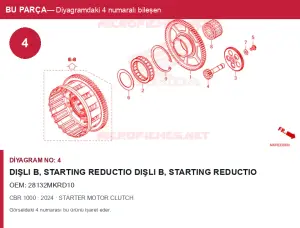 Honda CBR Orijinal Dişli B, STARTING REDUCTIO Dişli B, STARTING REDUCTIO 28132MKRD10 (2024) — STARTER MOTOR CLUTCH (T...