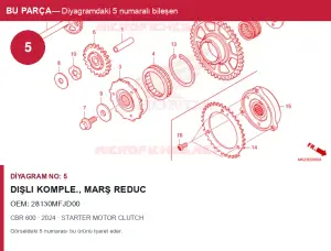 Honda CBR Orijinal Dişli Komple., Marş Reduc 28130MFJD00 (2024) — STARTER MOTOR CLUTCH (Türkiye)