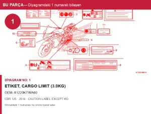 Honda CBR Orijinal Etiket, Cargo Limit (3.0KG) 81220KTWA60 (2016) — CAUTION LABEL EXCEPT KO (Türkiye)