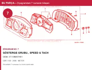 Honda CBR Orijinal Gösterge grubu., Speed & Tach 37110MATH01 (2006) — METER (Türkiye)
