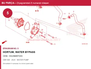Honda CBR Orijinal Hortum, Water BYPASS 19526MKPD00 (2024) — WATER PUMP (Türkiye)