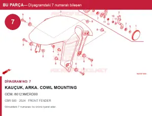 Honda CBR Orijinal Kauçuk, Arka. Cowl MOUNTING 80123MERD00 (2024) — FRONT FENDER (Türkiye)