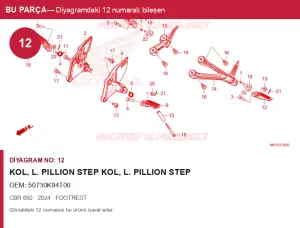 Honda CBR Orijinal Kol, L. PILLION Step Kol, L. PILLION Step 50730K94T00 (2024) — FOOTREST (Türkiye)