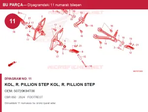 Honda CBR Orijinal Kol, R. PILLION Step Kol, R. PILLION Step 50720K94T00 (2024) — FOOTREST (Türkiye)