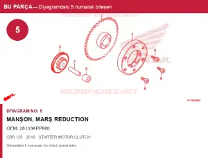 Honda CBR Orijinal Manşon, Marş REDUCTION 28133KPP900 (2016) — STARTER MOTOR CLUTCH (Türkiye)