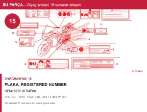 Honda CBR Orijinal Plaka, REGISTERED NUMBER 87501KTMP00 (2016) — CAUTION LABEL EXCEPT KO (Türkiye)