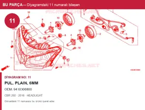 Honda CBR Orijinal Pul, Plain, 6MM 9410306800 (2016) — HEADLIGHT (Türkiye)