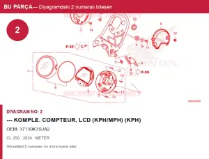 Honda CL Orijinal --- Komple. COMPTEUR, Lcd (Kph/Mph) (Kph) 37130K3SJA2 (2024) — CL (Türkiye)