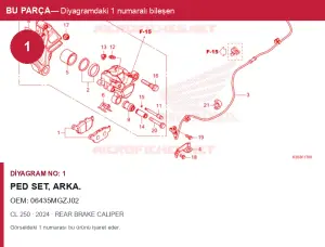 Honda CL Orijinal Ped Set, Arka. 06435MGZJ02 (2024) — REAR BRAKE CALIPER (Türkiye)