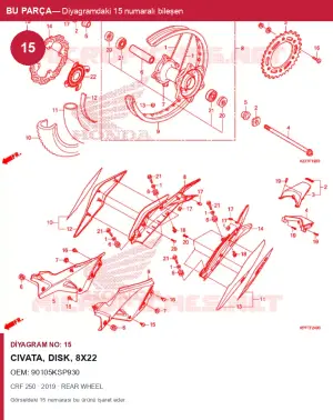 Honda CRF Orijinal Civata, Disk, 8X22 90105KSP930 (2019) — REAR WHEEL (Türkiye)