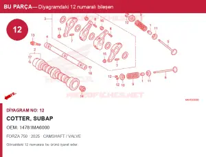 Honda FORZA Orijinal COTTER, Subap 14781MA6000 (2025) — CAMSHAFT / VALVE (Türkiye)