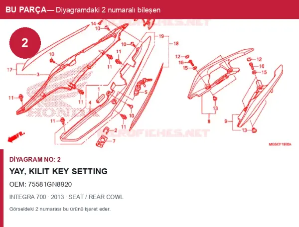 Honda INTEGRA Orijinal Yay, Kilit Key SETTING 75581GN8920 (2013) — SEAT / REAR COWL (Türkiye)