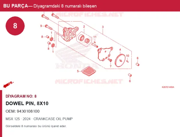 Honda MSX Orijinal Dowel Pin, 8X10 9430108100 (2024) — CRANKCASE OIL PUMP (Türkiye)