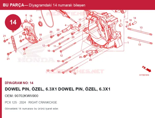 Honda PCX Orijinal Dowel Pin, Özel, 6.3X1 Dowel Pin, Özel, 6.3X1 90702KWN900 (2024) — RIGHT CRANKCASE (Türkiye)