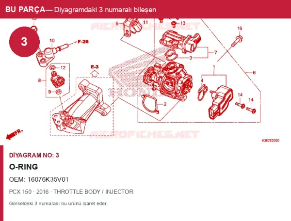 Honda PCX Orijinal O-ring 16076K35V01 (2016) — THROTTLE BODY / INJECTOR (Türkiye)