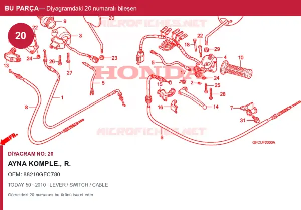 Honda TODAY Orijinal Ayna Komple., R. 88210GFC780 (2010) — LEVER / SWITCH / CABLE (Türkiye)