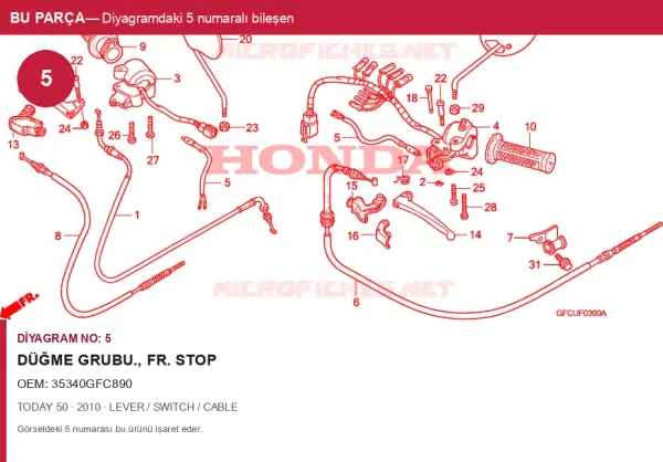 Honda TODAY Orijinal Düğme Grubu., Fr. Stop 35340GFC890 (2010) — LEVER / SWITCH / CABLE (Türkiye)