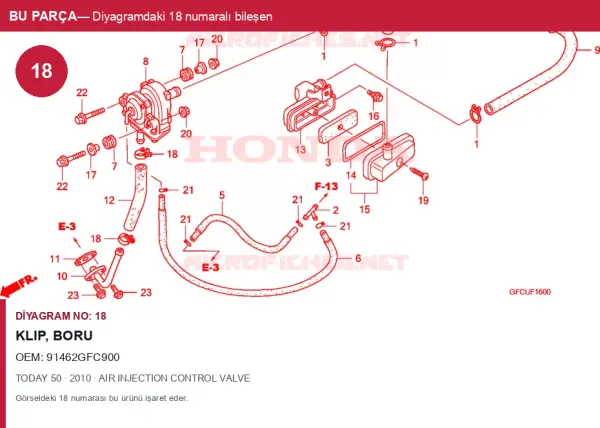 Honda TODAY Orijinal Klip, Boru 91462GFC900 (2010) — AIR INJECTION CONTROL VALVE (Türkiye)