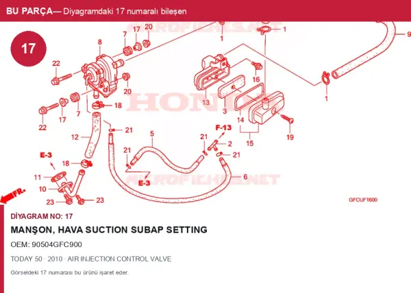 Honda TODAY Orijinal Manşon, Hava SUCTION Subap SETTING 90504GFC900 (2010) — AIR INJECTION CONTROL VALVE (Türkiye)